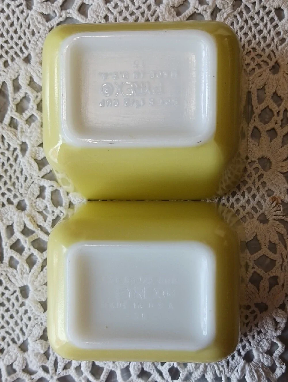 Pyrex~2 Yellow & White Milk Glass Refrigerator Dishes - no lids